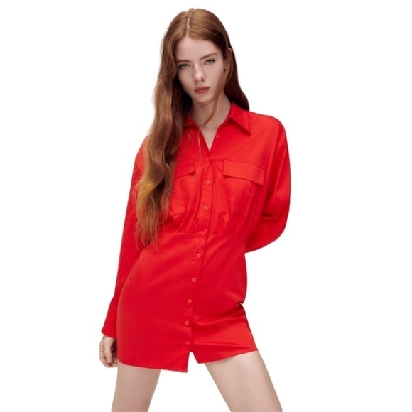 Zara Cherry Red Dress Shirt Poplin Long Sleeve Mini Size M Button Front - Picture 1 of 11